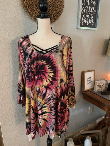 Top fall tie dye hidden pockets with ruffle sleeve