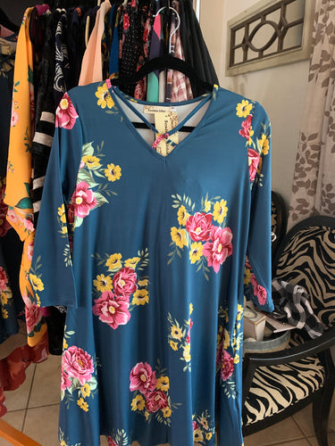 Teal floral dress w/crisscross