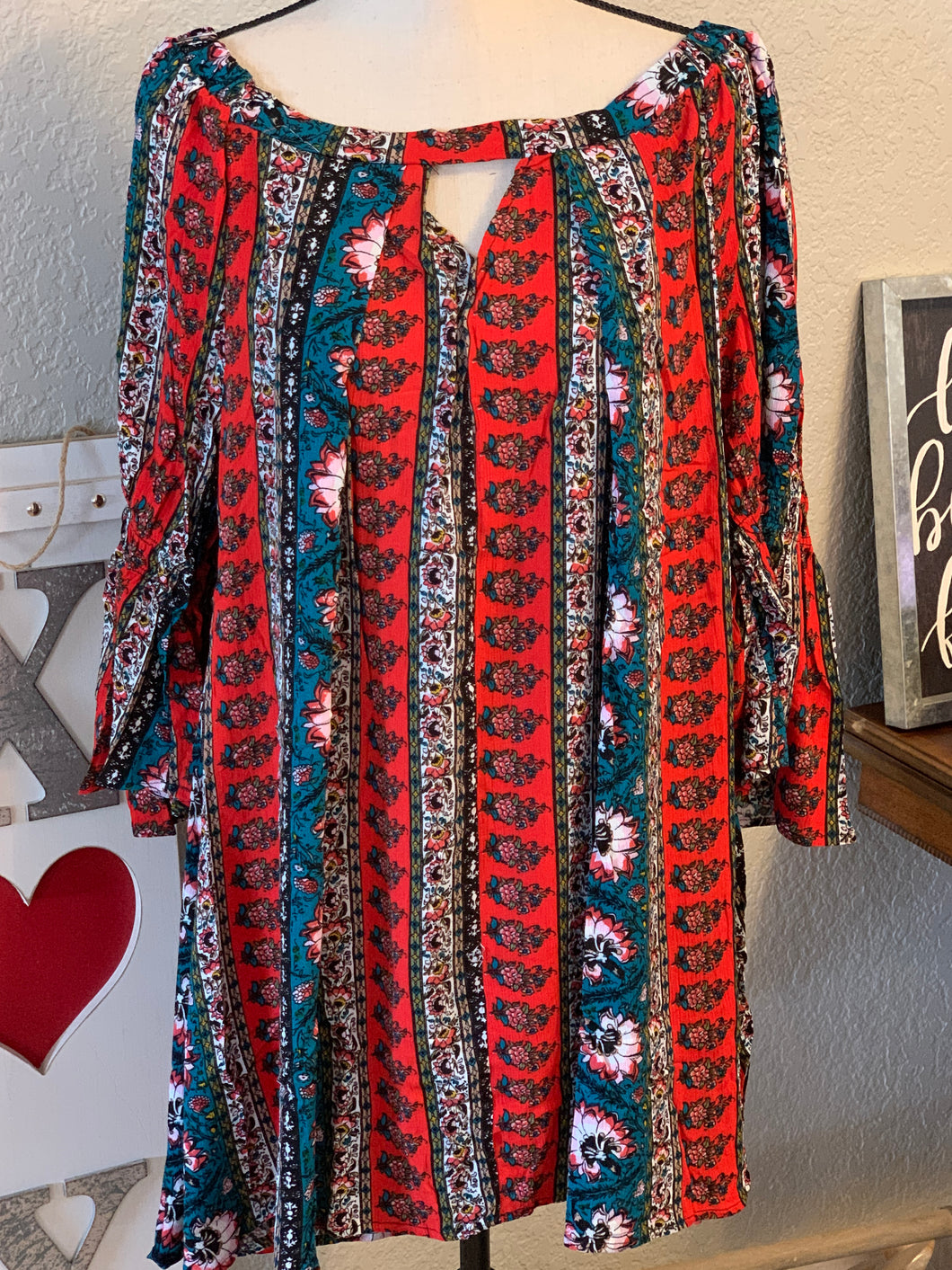 Dress on/off shoulder red/teal