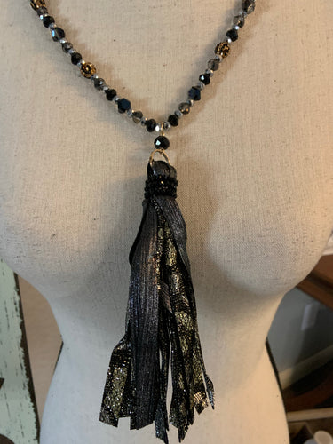 Black gold white cheetah balls tassel necklace