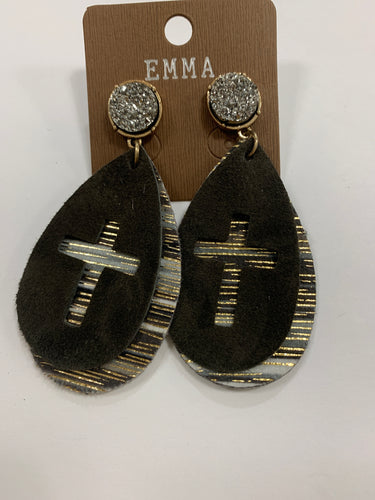 Druzy double layer cross earrings