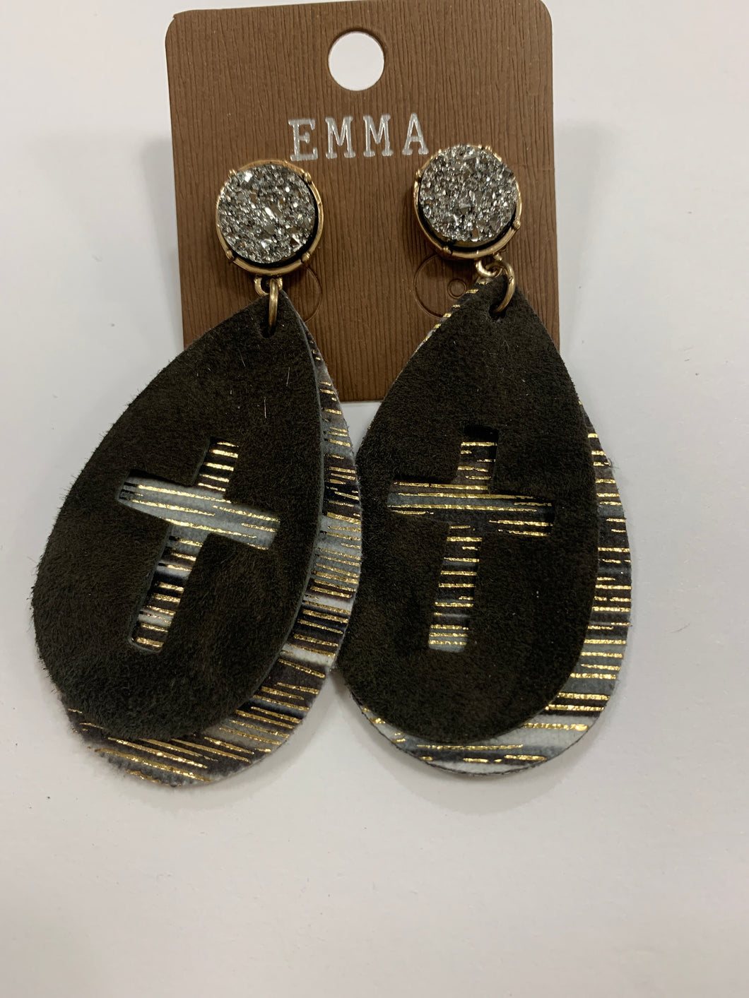 Druzy double layer cross earrings