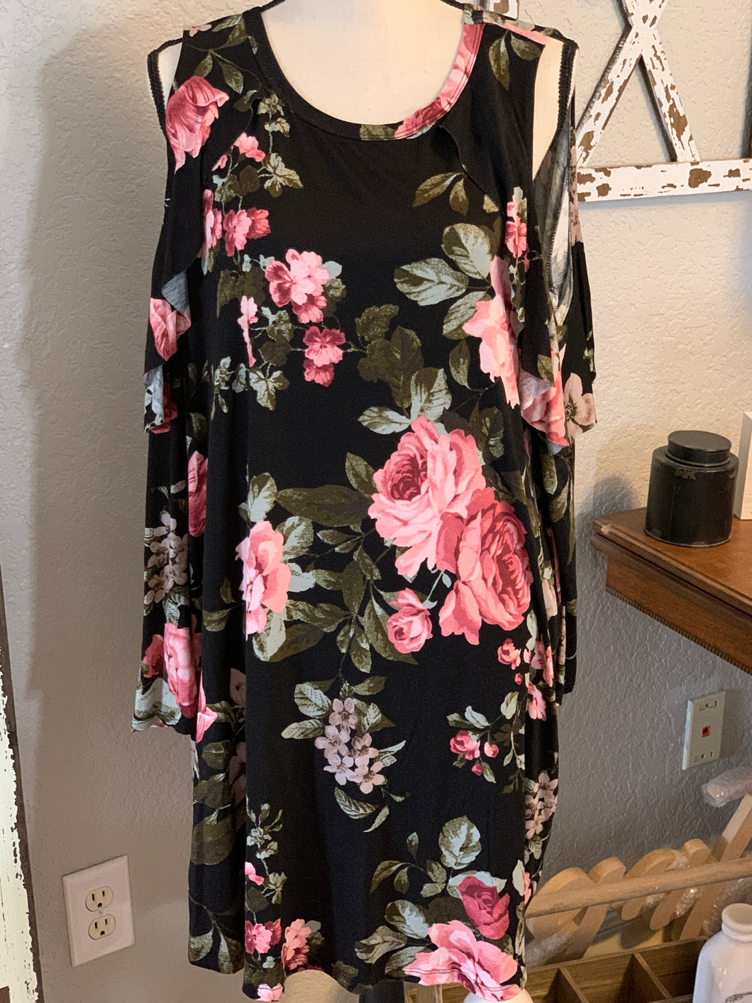 Cold shoulder black floral dress