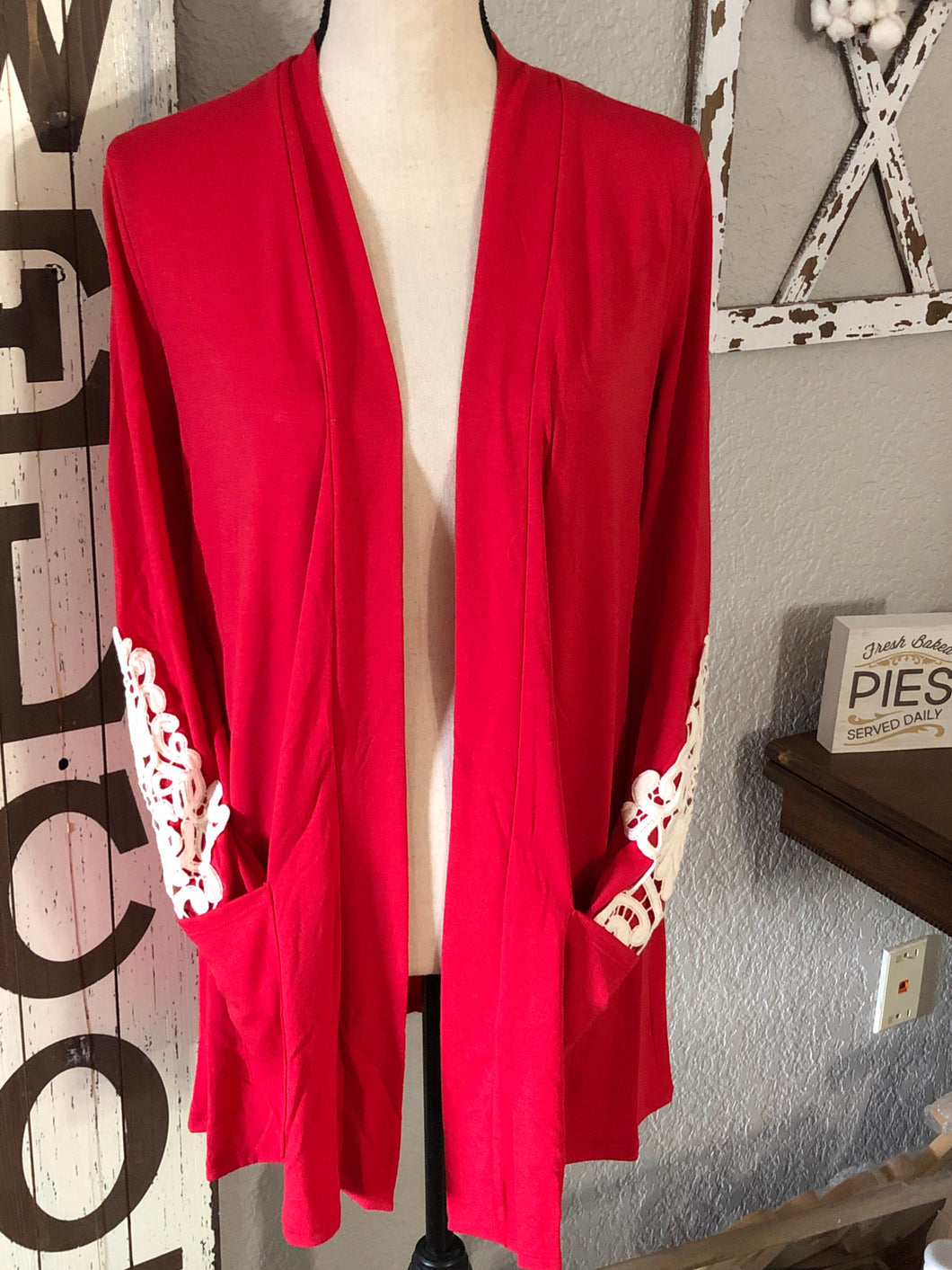 Red kimono with lace detail
