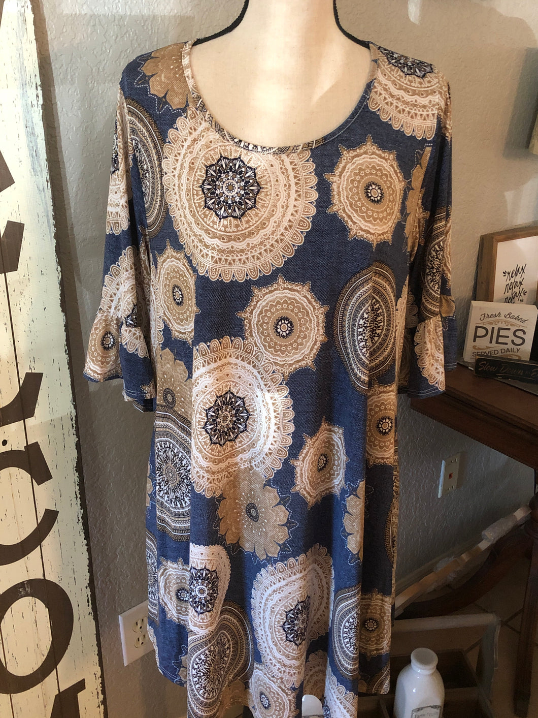 Dress denim background color with taupe medallion
