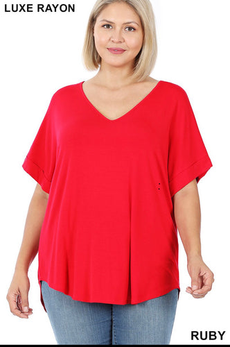 104 RUBY LUXE RAYON SHORT CUFF SLEEVE V-NECK TOP StyleNo: #AT-45051X