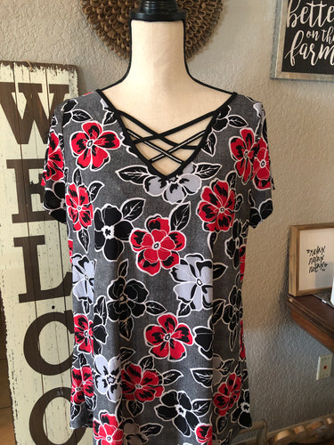 Top floral black/white/red