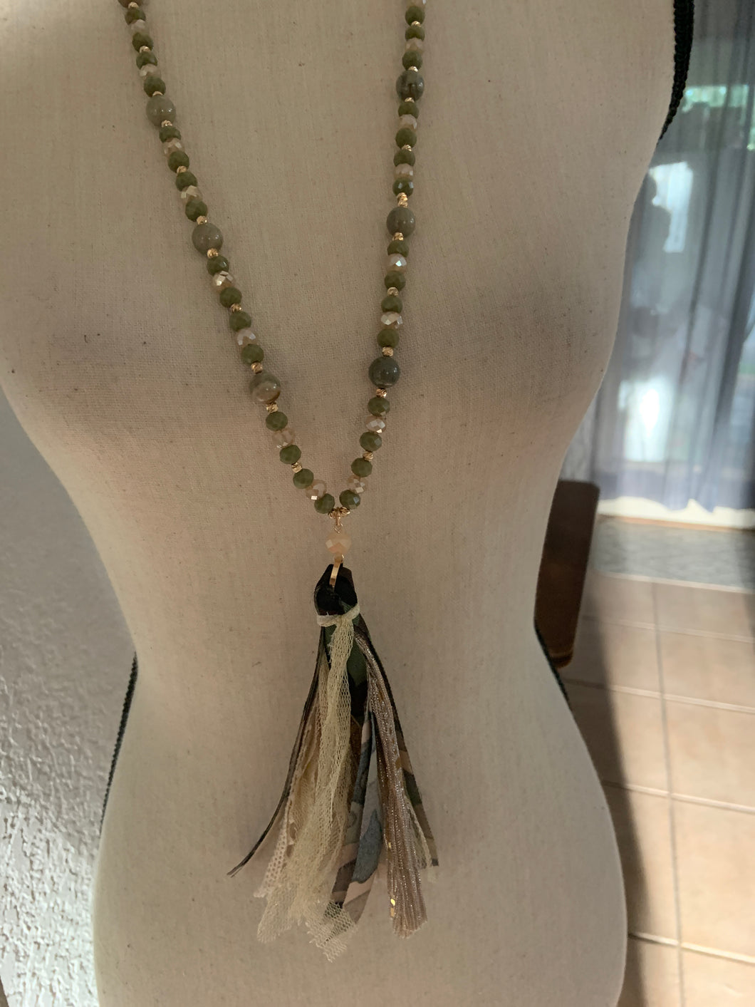 Camo tassel green iridescent beads