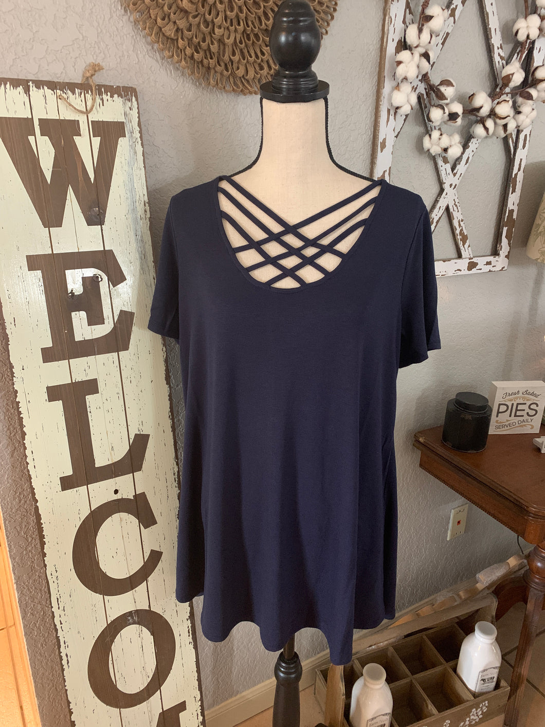 Navy crisscross short sleeve top