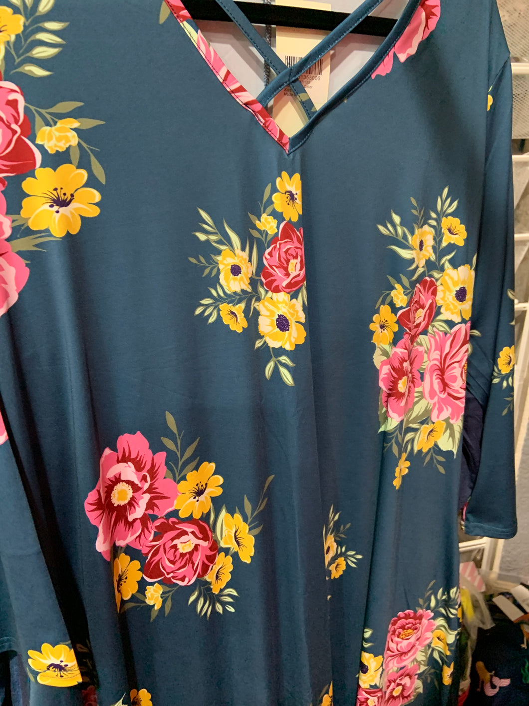 Blue floral dress with cross
