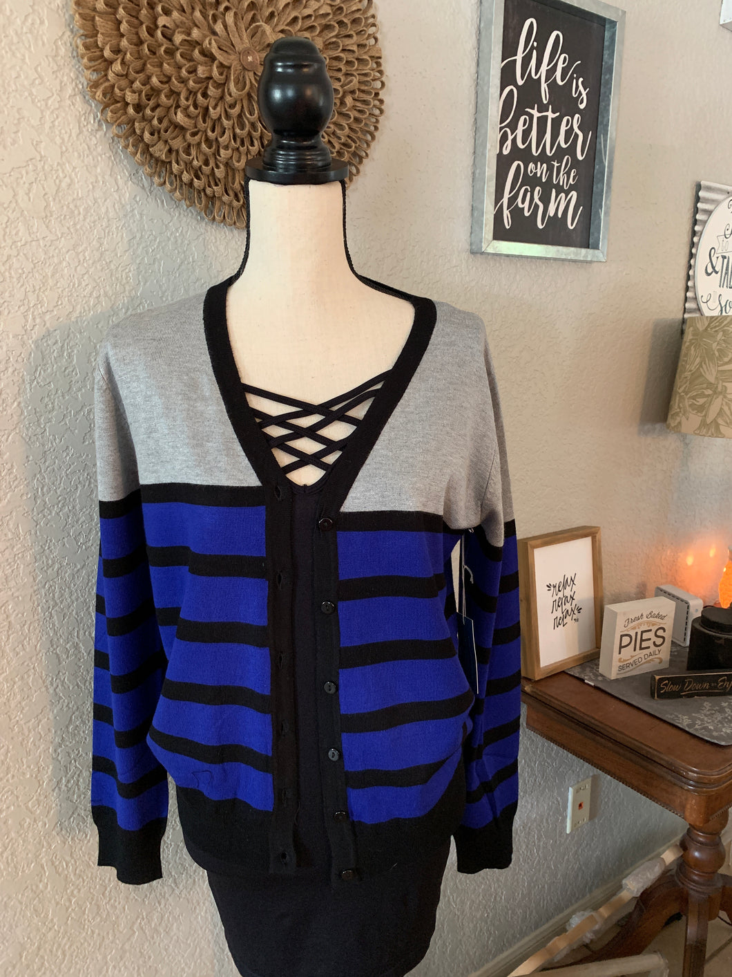 Top sweater button up royal blue / gray