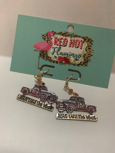 Pink Jesus take the wheel truck earrings