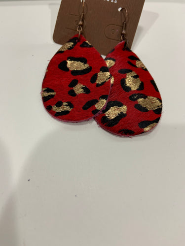 Red cheetah leather teardrop earrings