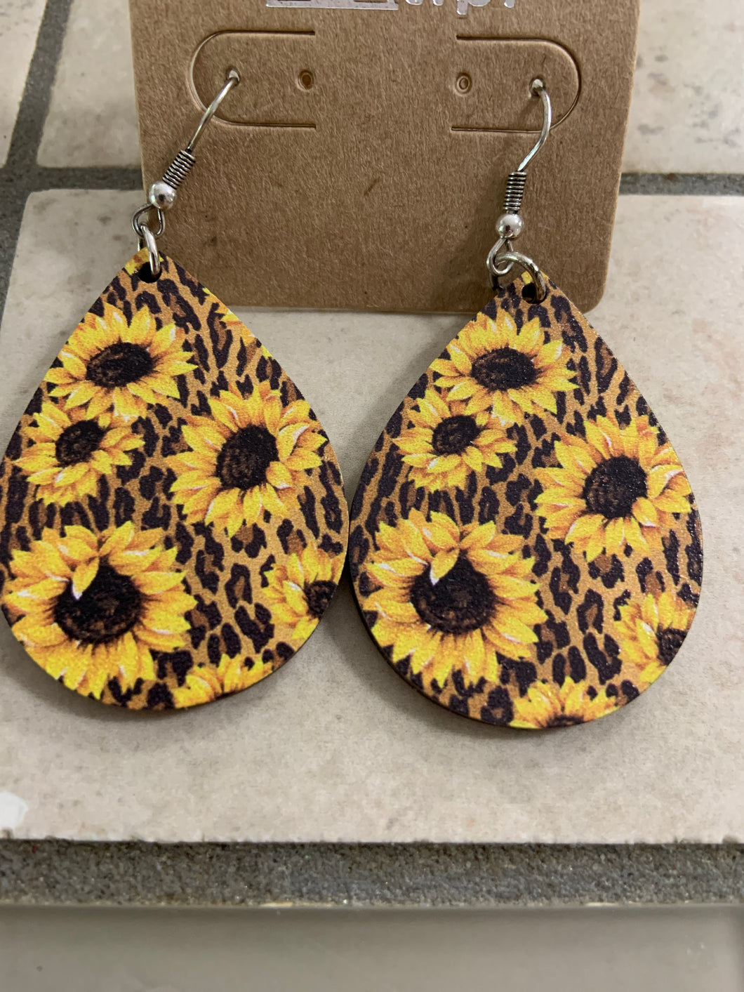 Small teardrop wooden earring sunflower cheetah