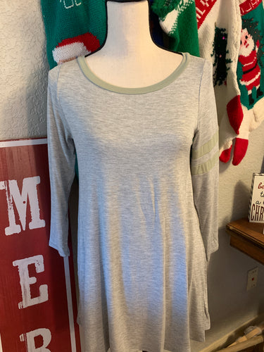 Gray top with sage green ringer and all stripes