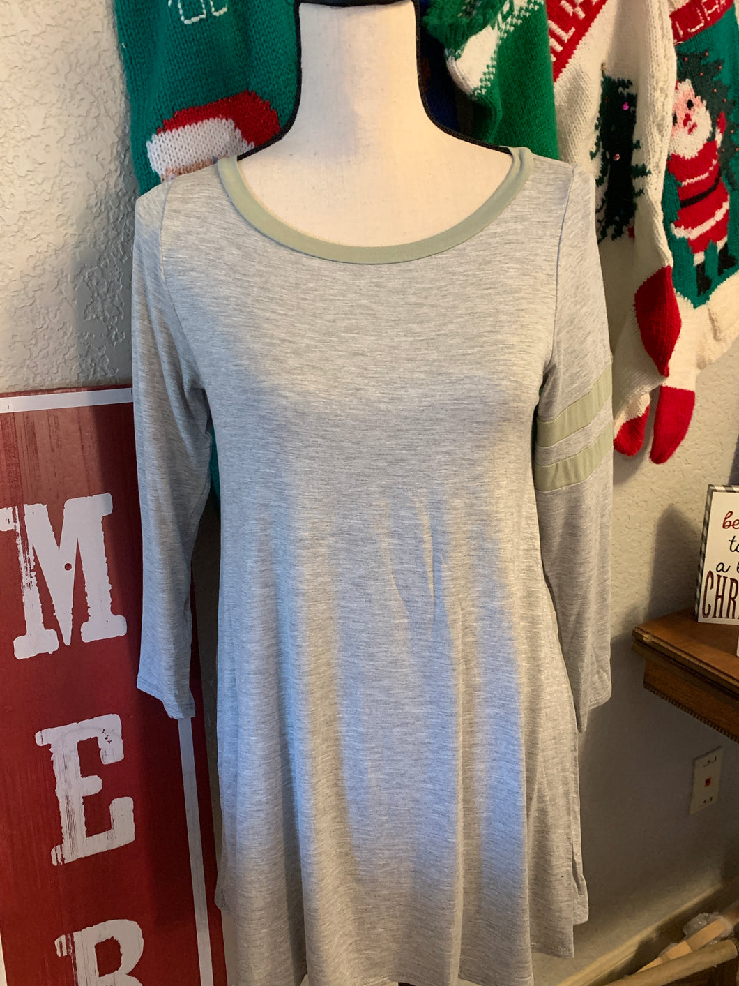 Gray top with sage green ringer and all stripes