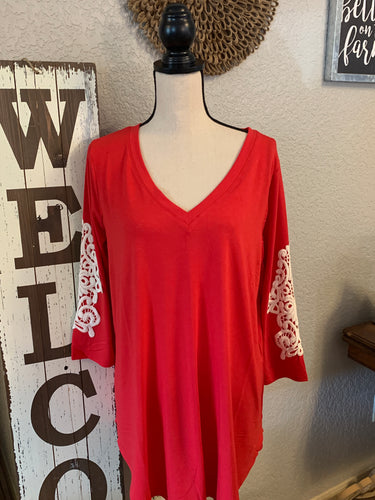Top Valentines red 3/4 sleeve v-neck with lace detail