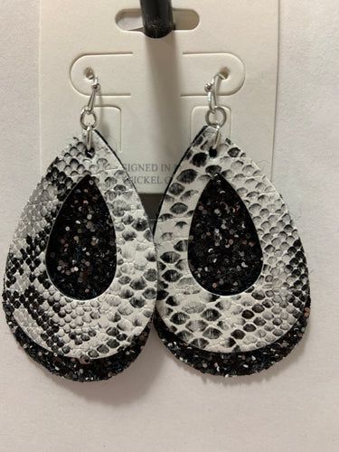 Snake skin and black glitter two piece teardrop earrings