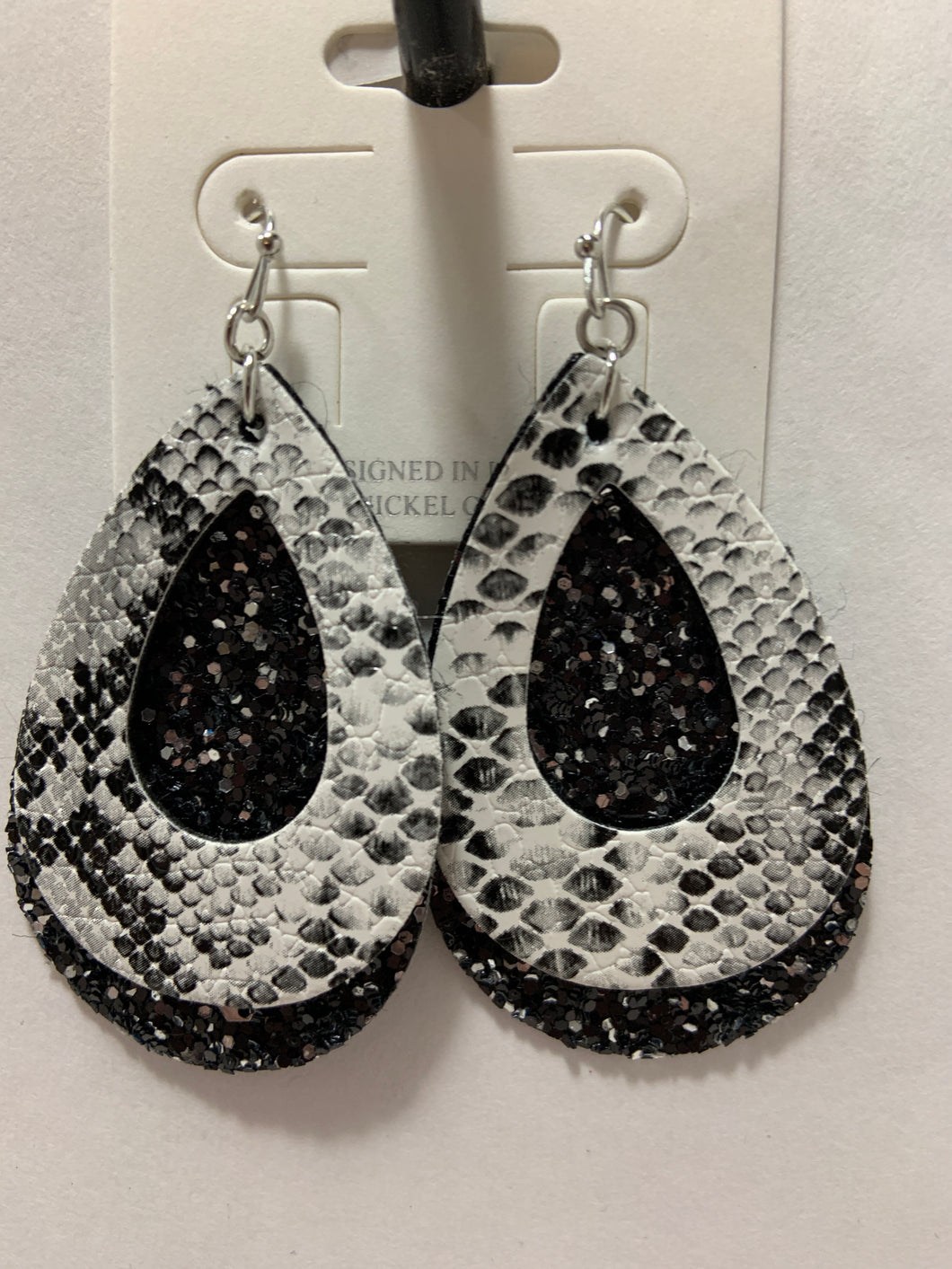 Snake skin and black glitter two piece teardrop earrings