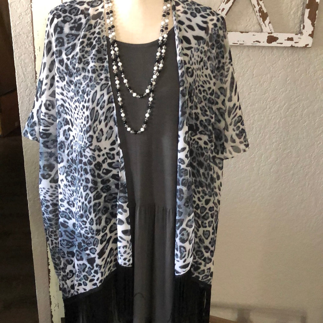 320 Gray leopard kimono with tassels