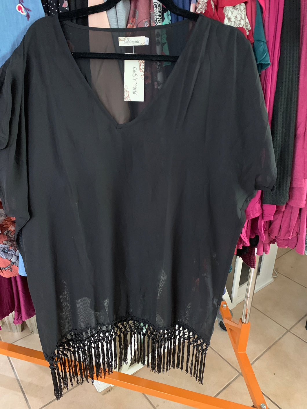 Black sheer tassel top