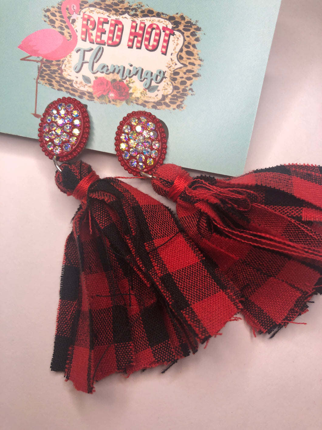 Red plaid bling tassel earrings