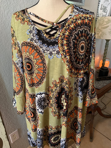 Top sage green crisscross front ruffle sleeves