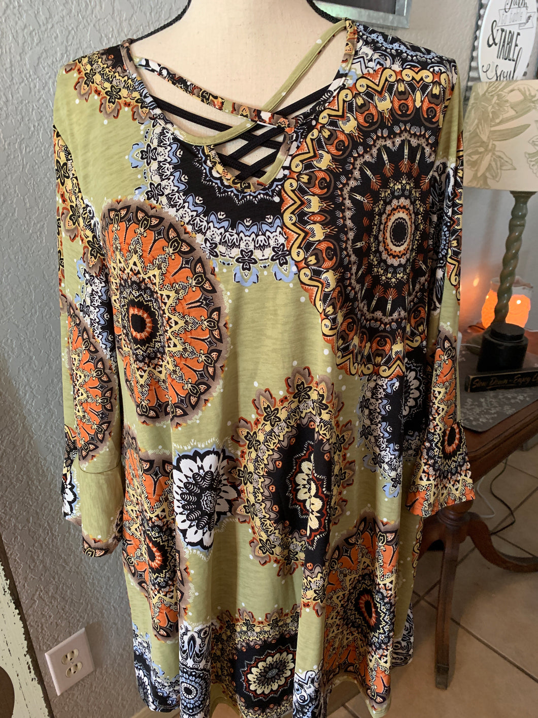 Top sage green crisscross front ruffle sleeves