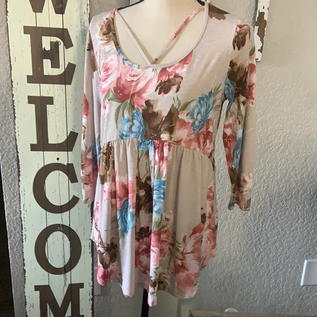 107 T10708-8185 3/4 SLV BABYDOLL HONEYME TOP