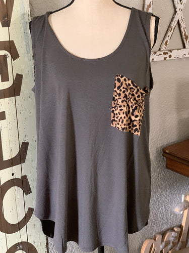 Gray tank with leopard pocket