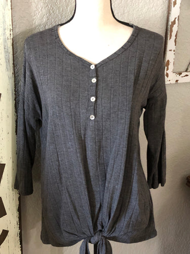 Charcoal gray tie front 3/4 sweater
