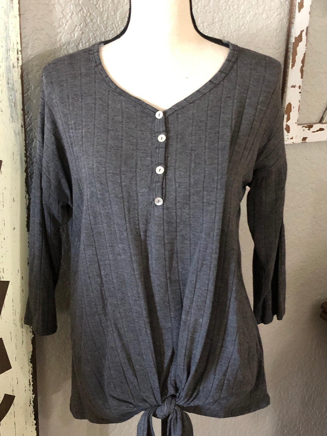 Charcoal gray tie front 3/4 sweater