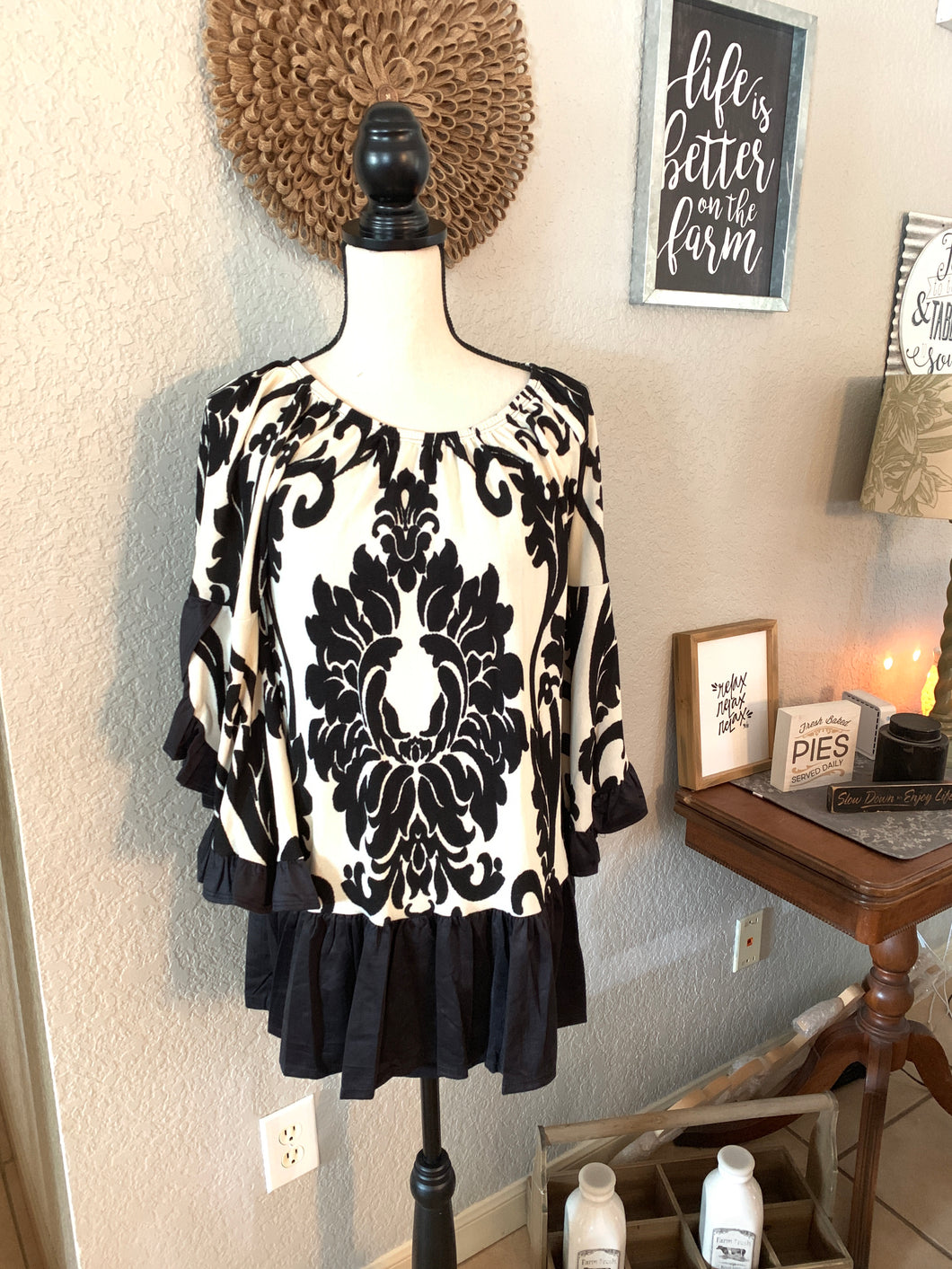 Top 3/4 sleeves ruffle cream/black