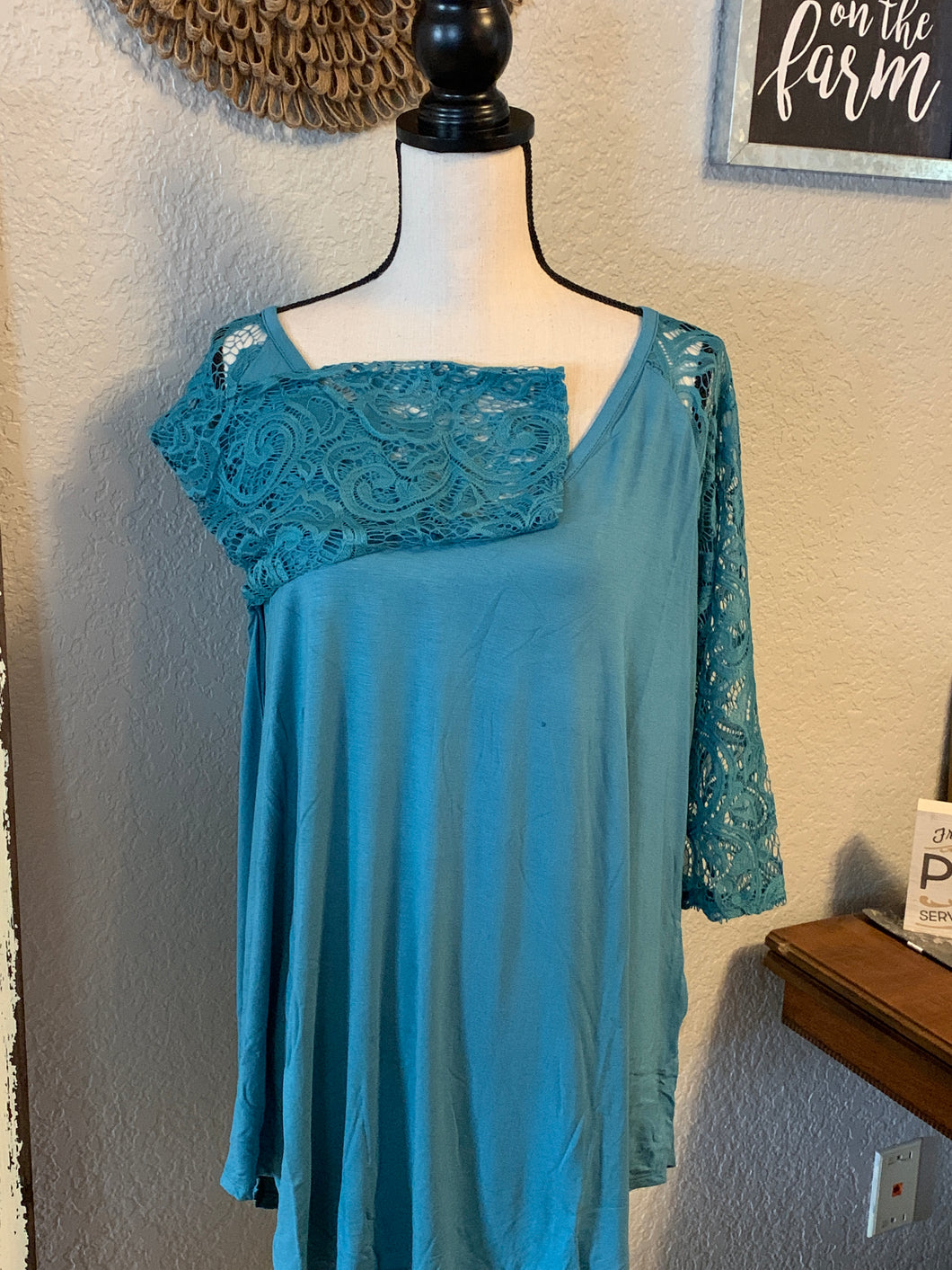 Rayon lace sleeve with stretchy lace top dusty teal