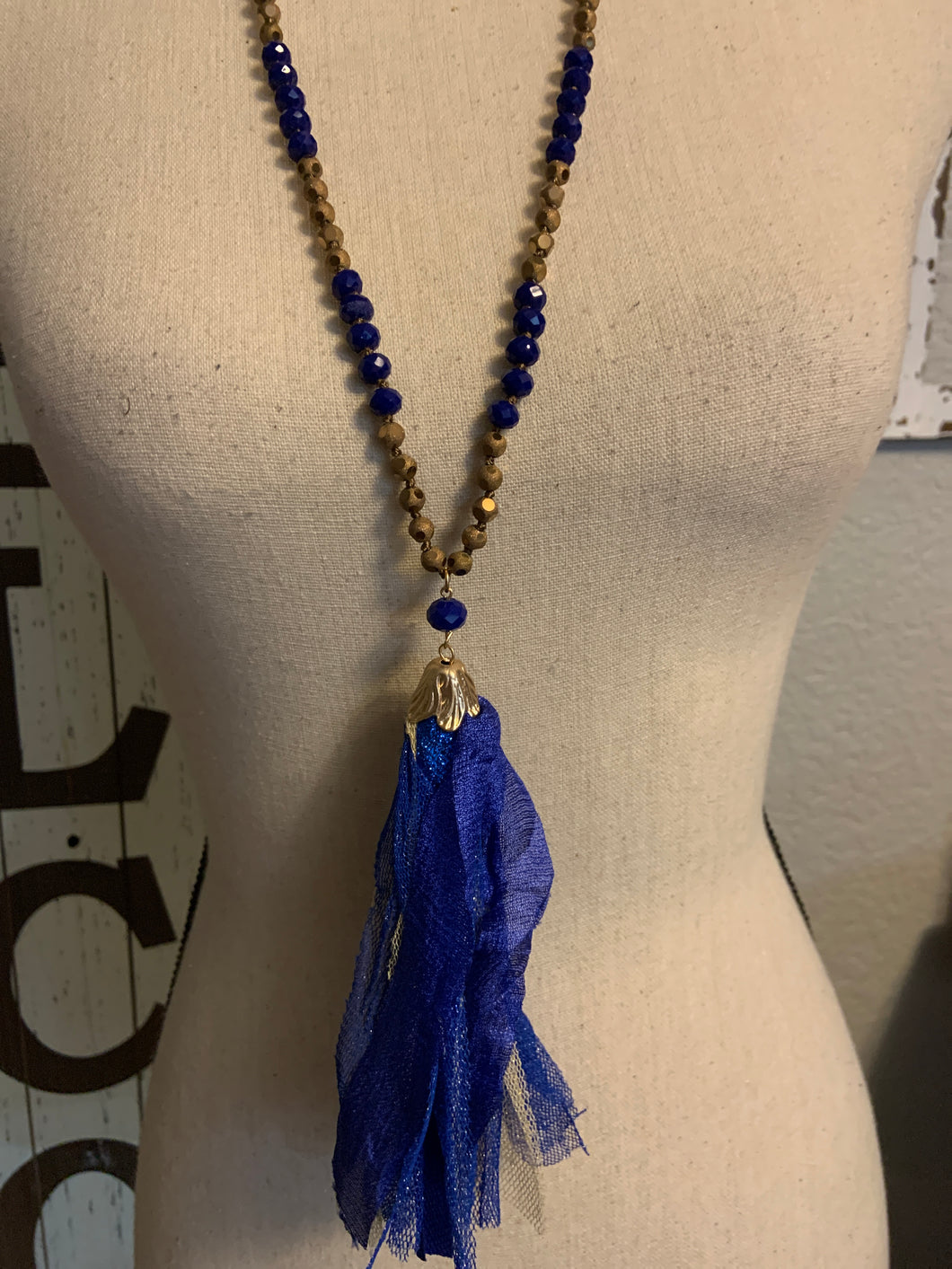 Unicorn blue and gold tassel necklace