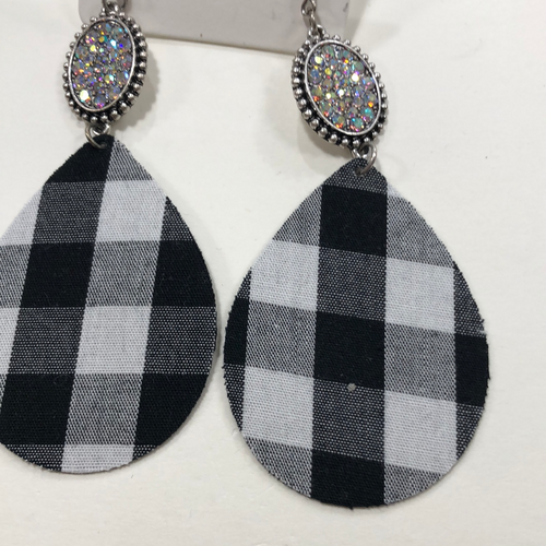 Black plaid concho earrings