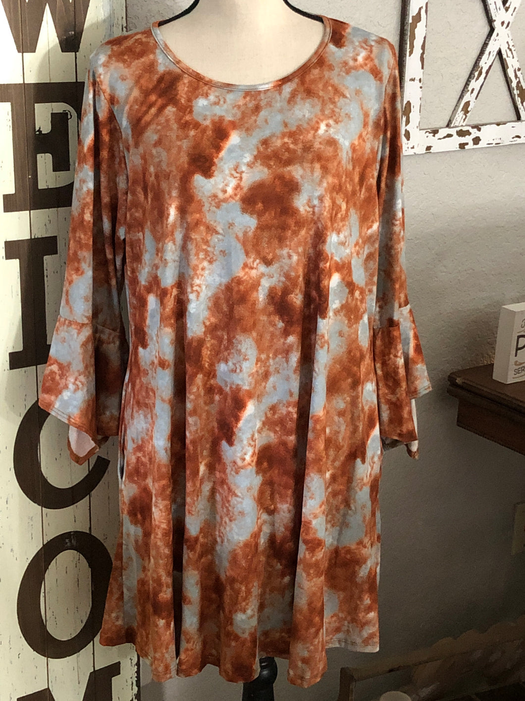 Rust and powder blue dress