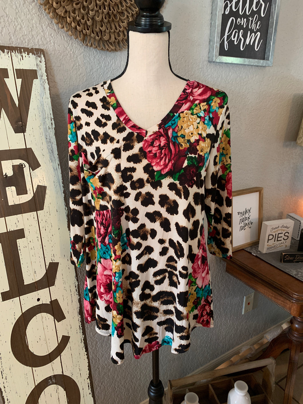 Top 3/4 sleeves slouchy pocket animal print/floral