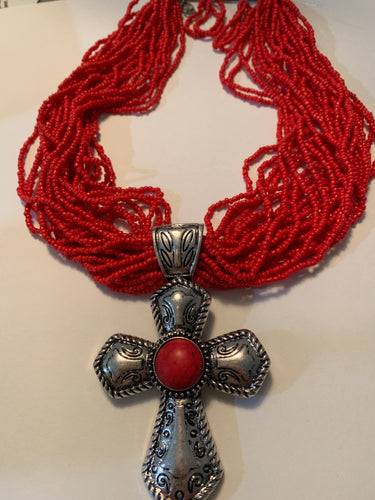 Necklace cross red w/earrings