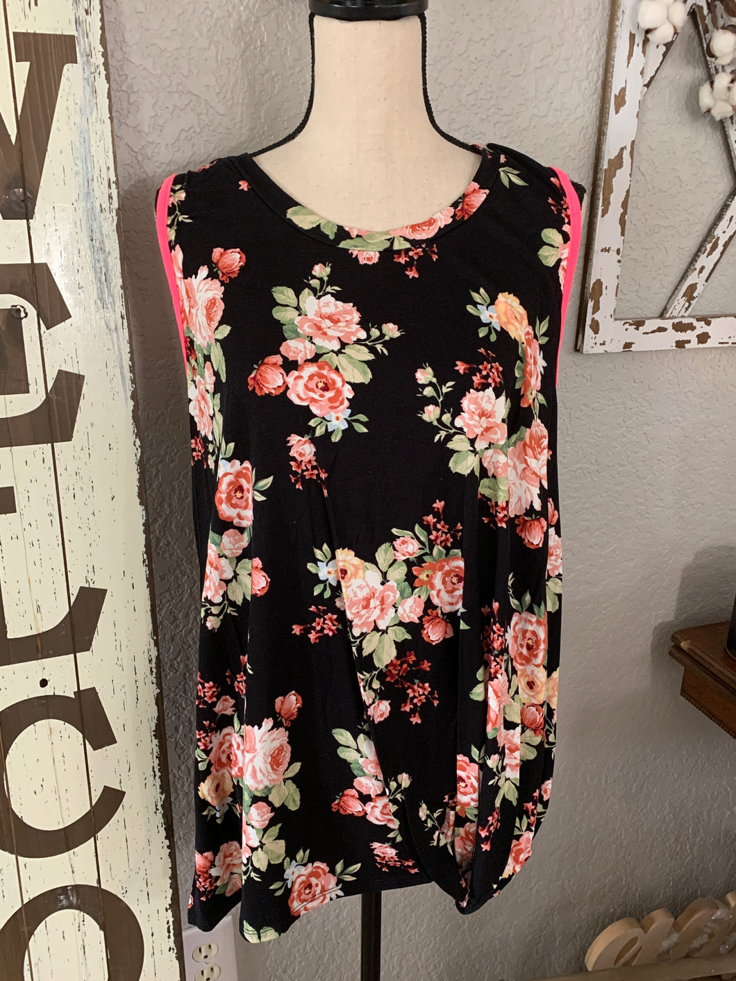 Black floral top with front twist