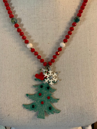Christmas tree red green necklace
