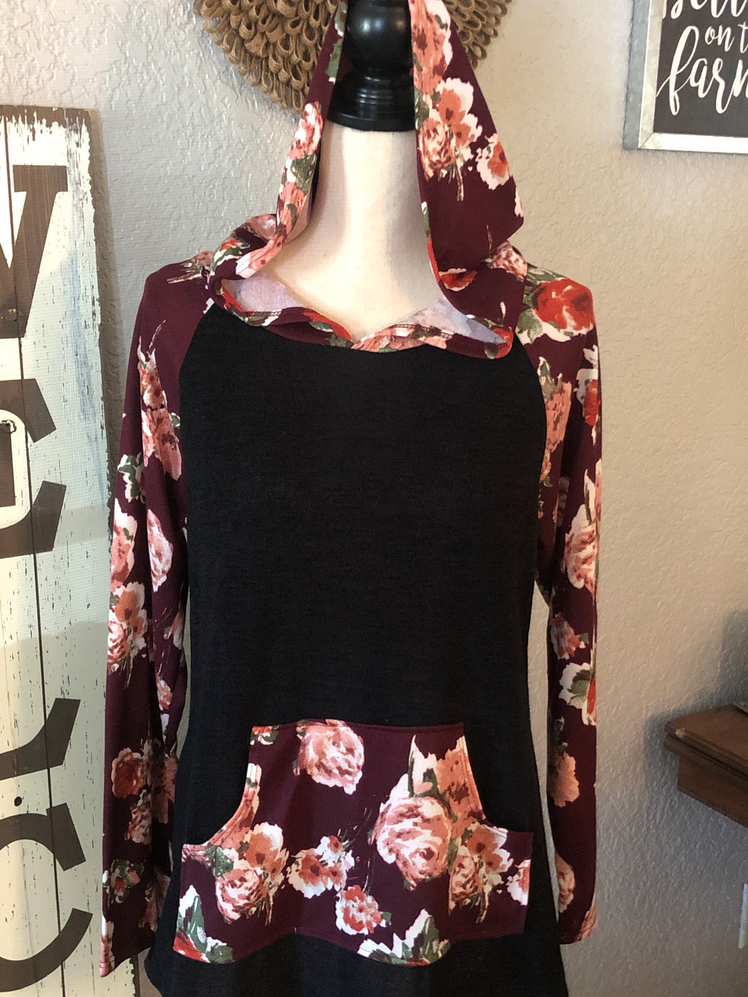 Top hoodie with kangaroo pouch black/burgundy