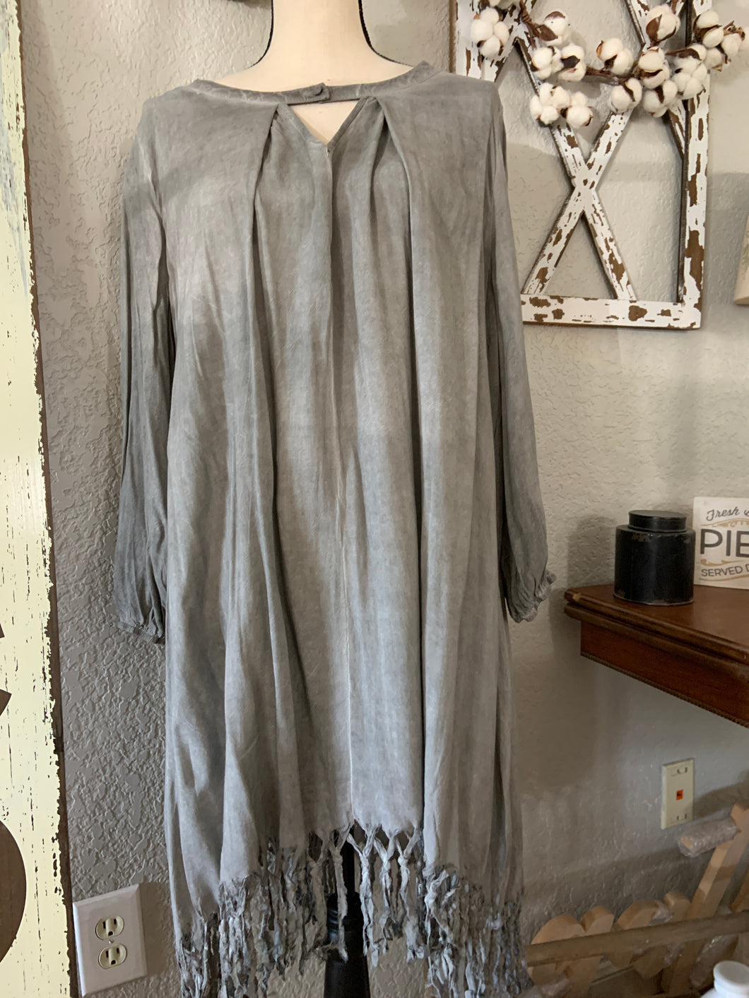 Washed shift dress knotted fringe him gray