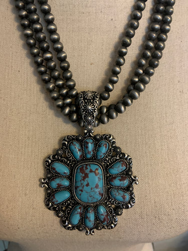 Large Concho necklace with turquoise Antique metaland matching earrings