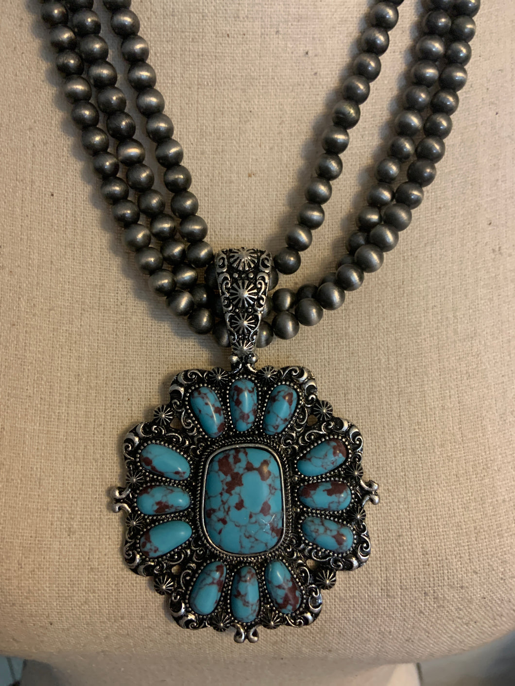 Large Concho necklace with turquoise Antique metaland matching earrings