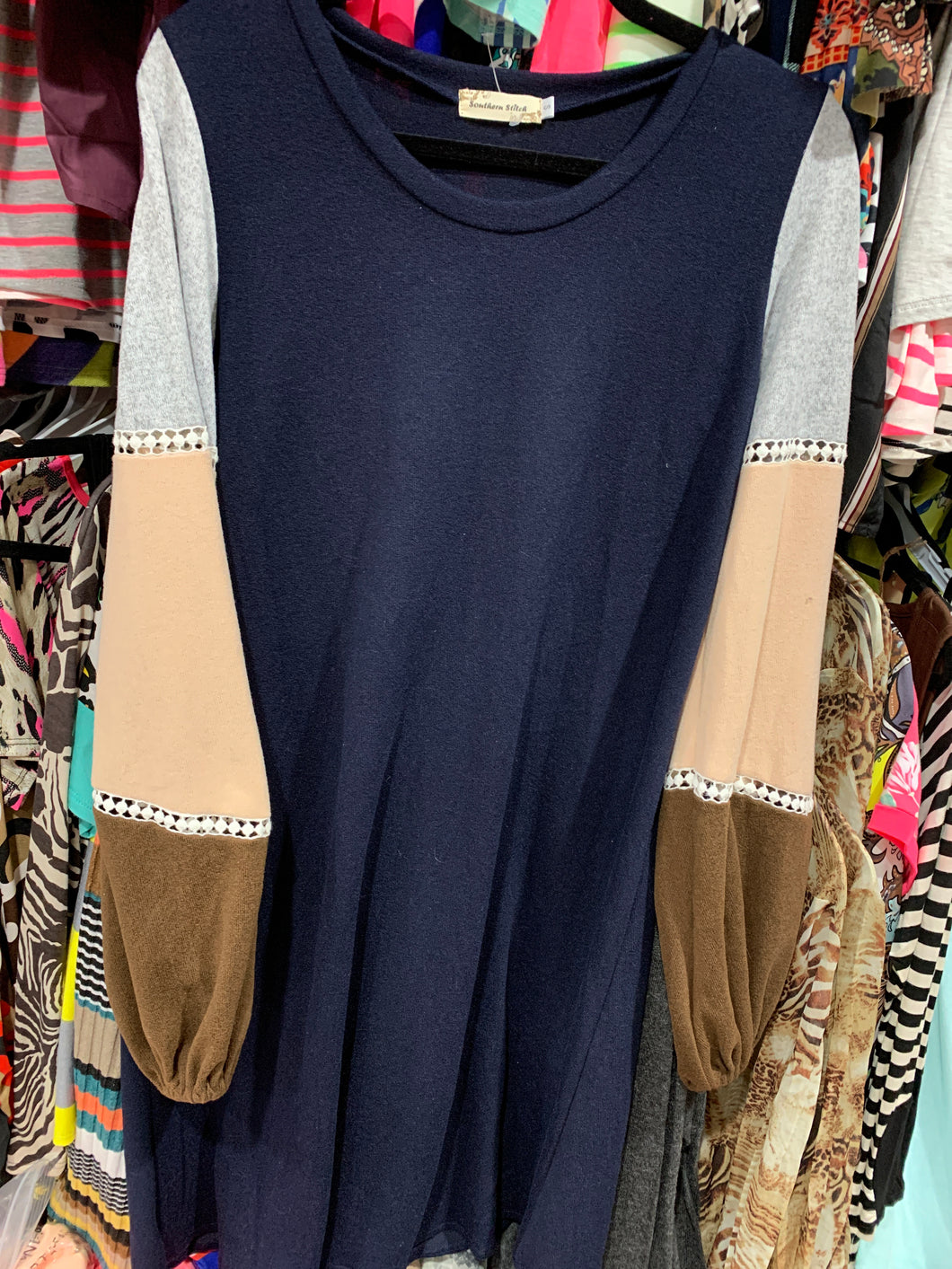 Navy dress with color block sleeves