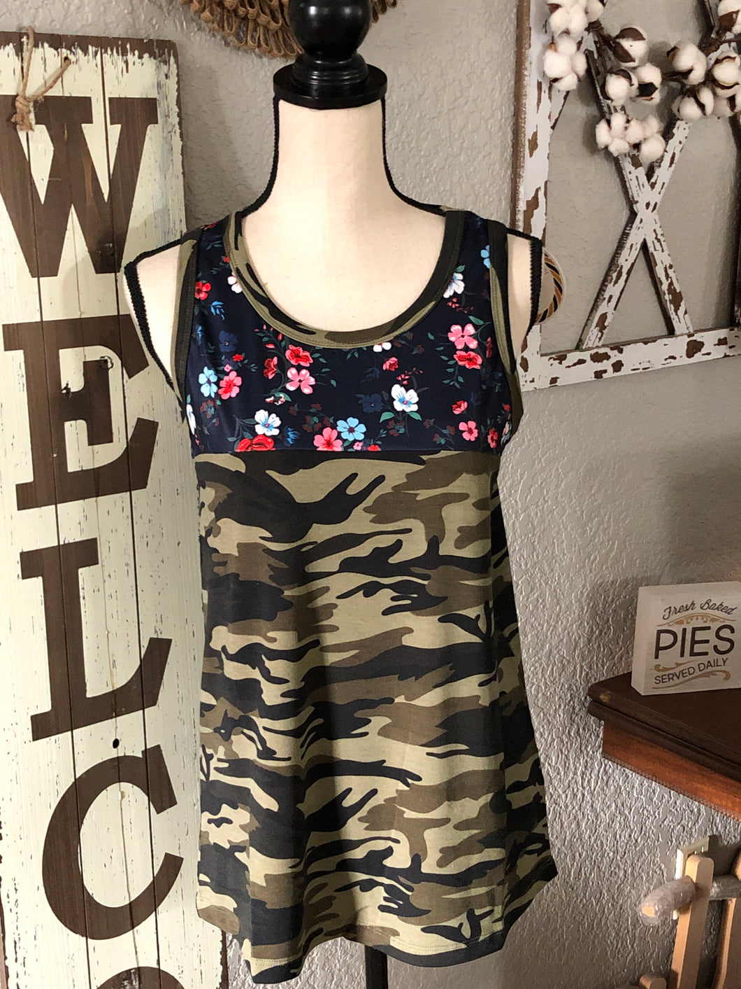 Navy floral with camo tank