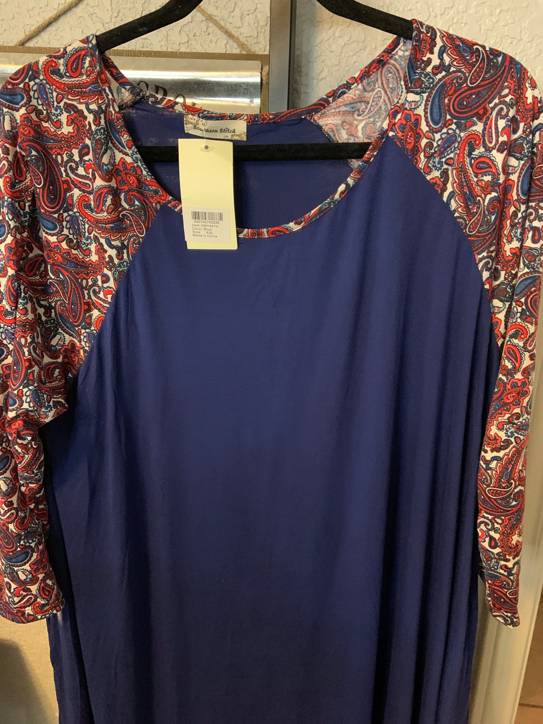 Blue dress with rust Paisley sleeve