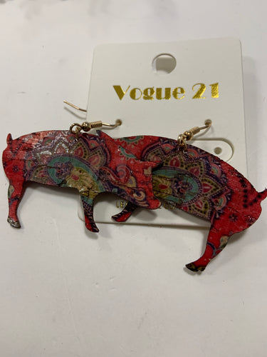 Cork pig earrings with red