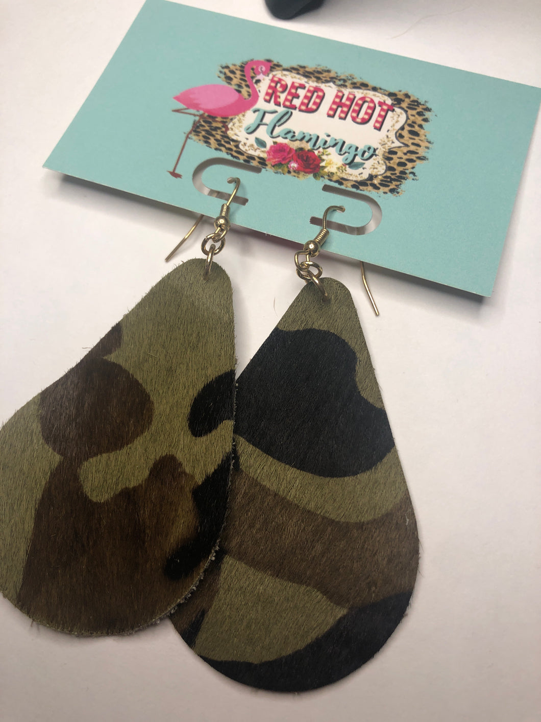 Leather camo teardrop earrings